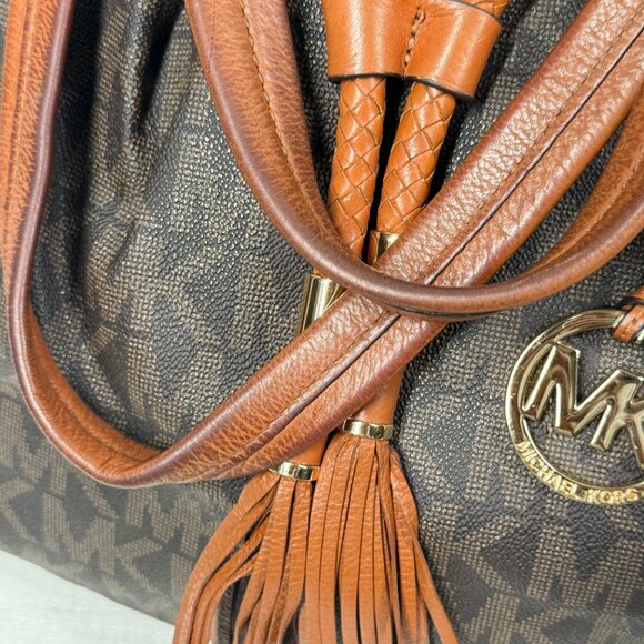 Michael Kors Jet Set Signature Drawstring Tote Brown MK Monogram Leather Trim - Picture 8 of 15